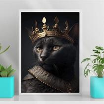 Quadro Gato Preto Coroa 45x34cm - Madeira Branca