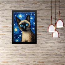 Quadro Gato Siamês Noite Estrelada 24x18cm - com vidro