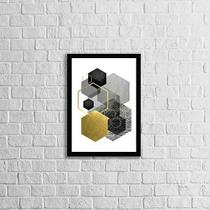 Quadro Geométrico Hexágonos Cinza e Preto 24x18cm - com vidro