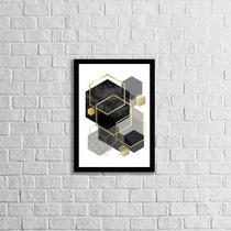 Quadro Geométrico Hexágonos Preto e Cinza 24x18cm