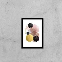 Quadro Geométrico Hexágonos Preto e Dourado 45x34cm - com vidro