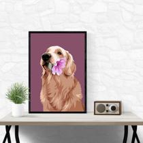 Quadro Golden Retriever - Flor 24x18cm - com vidro