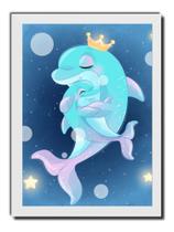 Quadro Golfinho Mãe E Filho Quarto De Criança Moldura Branca