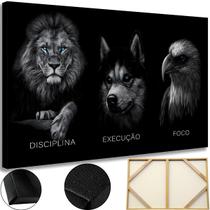 Quadro Grande Disciplina Foco Execução Leao Lobo Aguia Tela Madeira E Tecido 60x90
