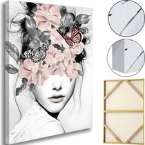 Quadro Grande Mulher Flores Abstrato Tela Madeira E Tecido