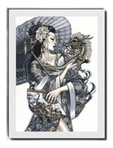 Quadro Gueisha Gueixa Arte Dragão Oriental Moldura Branca