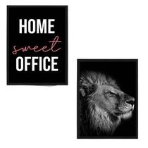 Quadro Home Sweet Office Leão Moldura Branca 24X18Cm 2 Peças