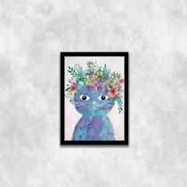 Quadro Ilustração Infantil Gatinha Azul 33X24 Moldura Preta