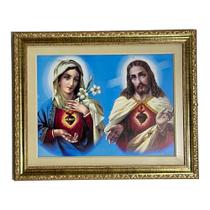 Quadro Imagem Sagrado Coração Jesus e Maria 30x40 luxo Dourado Fundo Azul