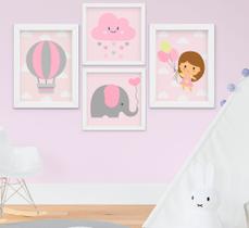 Quadro Infantil Bebê Menina Elefante Nuvem Balão Kit 4 Peças