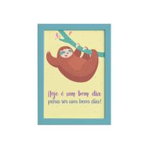 Quadro Infantil Bicho Preguiça Bom Dia Moldura Azul 22x32cm