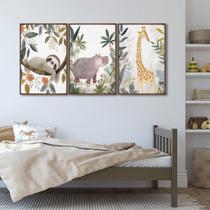 Quadro Infantil Decorativo Diversão na Selva com 3 Telas 50x75cm de Parede para Quarto Sala Brinquedoteca