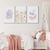 Quadro Infantil Decorativo Flores e Borboletas com 3 Telas 60x90cm para Quarto Sala Brinquedote Com Vidro Quadro Infantil Decorativo Flores e Borboletas com 3 Telas 60x90cm para Quarto Sala Brinquedote Com Vidro