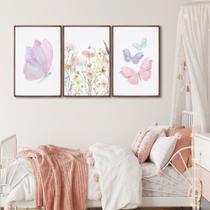 Quadro Infantil Decorativo Flores e Borboletas com 3 Telas 60x90cm para Quarto Sala Brinquedote Sem Vidro