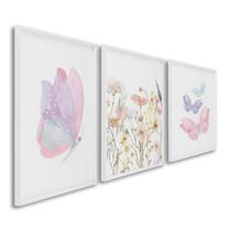 Quadro Infantil Decorativo Flores e Borboletas com 3 Telas Cm de Parede para Quarto Sala Brinquedote Branco