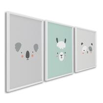 Quadro Infantil Decorativo Rostinhos do Bem Coala Panda Lhama com 3 Telas 60x90cm para Quarto Sala Sem Vidro