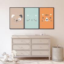 Quadro Infantil Decorativo Rostinhos do Bem Gato Cachorro Tigre com 3 Telas Cm de Parede para Quarto Preto