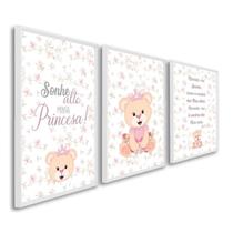 Quadro Infantil Decorativo Sonhe Alto Princesa com 3 Telas de Parede para Quarto Sala Brinquedoteca Branco