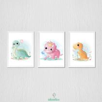 Quadro Infantil Dinossauro Menina - 3 Quadros 23x33cm com Moldura Branca