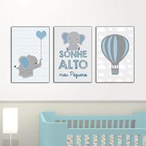 Quadro infantil Elefante e balão Azul Kit 3 20x30cm Decorativo Poster Painel Quarto Criança Lindo Para Decorar
