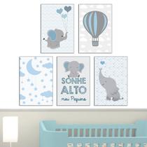 Quadro infantil Elefante e balão Azul Kit 5 20x30cm Decorativo Poster Painel Quarto Criança Lindo Para Decorar