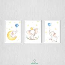 Quadro Infantil Elefantinho com Balão Aquarela - Kit de 3 Quadros com Moldura