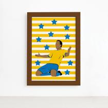 Quadro Infantil Futebol Gol Jogador Amarelo 33x43 Moldura Marrom