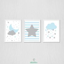 Quadro Infantil Lua, Estrela e Nuvem - 3 Peças 23x33cm
