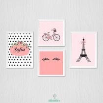 Quadro Infantil Menina Paris - 2 Quadros 23x33cm e 23x23cm com Moldura Branca