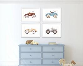 Quadro Infantil Menino Carros Antigos - Kit com 4 Quadros Decorativos