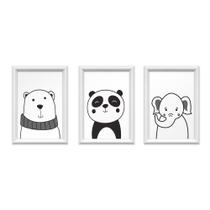 Quadro Infantil Quarto Bichos P/B Três Quadros 24 X 44