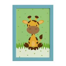 Quadro Infantil Safari Girafa para Quarto Moldura Azul 22x32