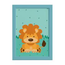 Quadro Infantil Safari Leão para Quarto Moldura Azul 22x32