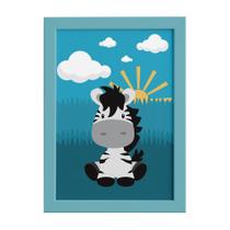 Quadro Infantil Safari Zebra para Quarto Moldura Azul 22x32