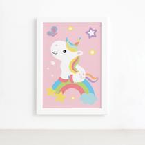 Quadro Infantil Unicórnio e Borboleta 33x43 Moldura Branca Quadro Infantil Unicórnio e Borboleta 33x43 Moldura Branca