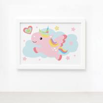 Quadro Infantil Unicórnio Nuvem 33x43 Moldura Branca