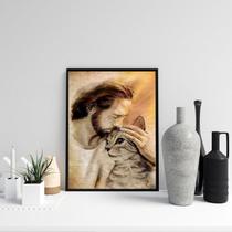 Quadro Jesus Acolhendo Gatinho 45x34cm - com vidro