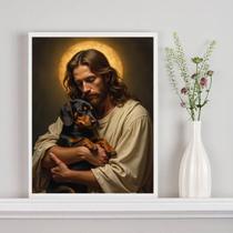 Quadro Jesus Com Cão Dachshund No Colo 24X18Cm - Com Vidro Quadro Jesus Com Cão Dachshund No Colo 24X18Cm - Com Vidro