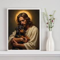 Quadro Jesus Com Cão Dachshund No Colo 24x18cm