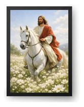 Quadro Jesus Com Cavalo Montado Andando No Jardim 50x70cm Quadro Jesus Com Cavalo Montado Andando No Jardim 50x70cm