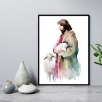 Quadro Jesus Com Cordeiros Aquarela 33X24Cm - Com Vidro