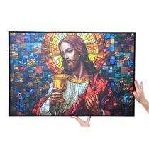 Quadro Jesus Geométrico em Estilo Vitral Tecido Canvas e Moldura 63x93 cm