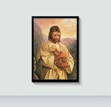 Quadro Jesus O Bom Pastor Ovelha com Moldura E Acetato Tamanho A3