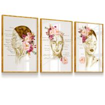 Quadro Kit 3 Vidro Estética Facial Detalhes Femininos Botox Moldura Dourada