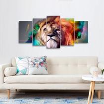 Quadro Leão Colorido Moderno Para Sala Quarto 5 Peças