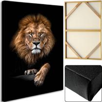 Quadro Leao Cores Vivas Grande 60x90 Tela Madeira e Tecido Borda Infinita