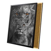 Quadro Leão e Filhote Preto e Branco Moldura e Vidro