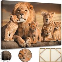 Quadro Leao Familia 04 Filhotes Leoa Tela Grande 60x90 Madeira e Tecido