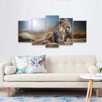 Quadro Leão Mosaico 5 Peças Deitado Quarto Hall Mdf 125x60 Quadro Leão Mosaico 5 Peças Deitado Quarto Hall Mdf 125x60