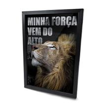 Quadro Leão Motivacional Força Da Fé Moldura e Vidro